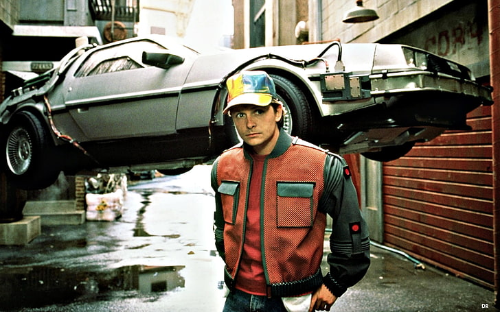 men's red and black zip-up jacket, car, future, Back to the future, Brown, Movie, 1985, trilogy, 2015, Marty, MacFly, Dolorean, Spielberg, Mac Fly, Mc Fly, McFly, HD wallpaper