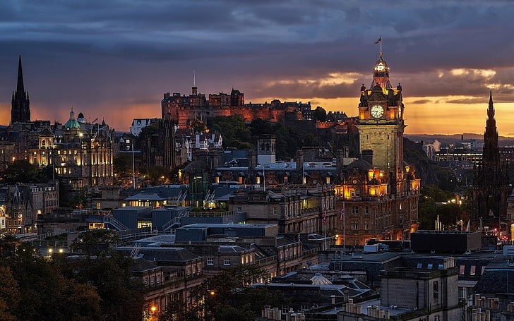 city buildings, Edinburgh, Scotland, city, architecture, Gothic architecture, tower, clock tower, sunset, castle, cityscape, UK, HD wallpaper