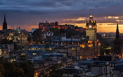 budynki miejskie, Edynburg, Szkocja, miasto, architektura, architektura gotycka, wieża, wieża zegarowa, zachód słońca, zamek, pejzaż, Wielka Brytania, Tapety HD HD wallpaper