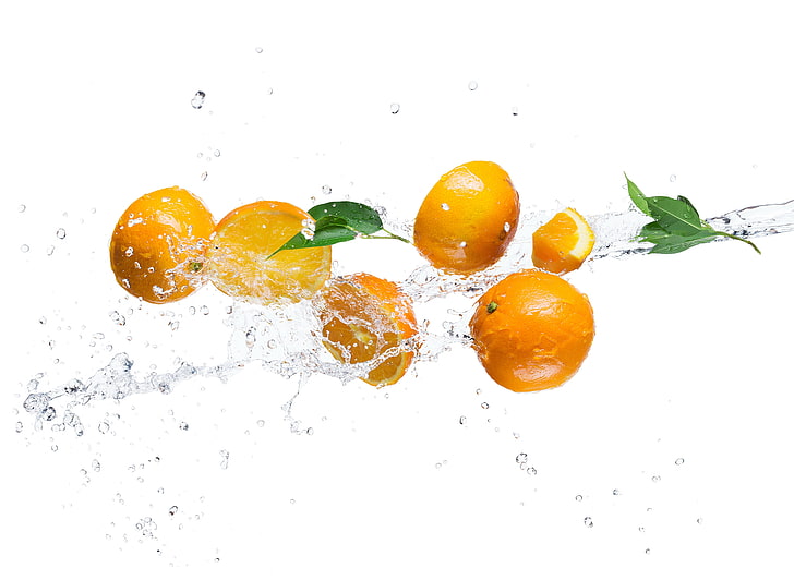 оранжевые фрукты иллюстрация, вода, шприц, апельсин, белый фон, листья, HD обои