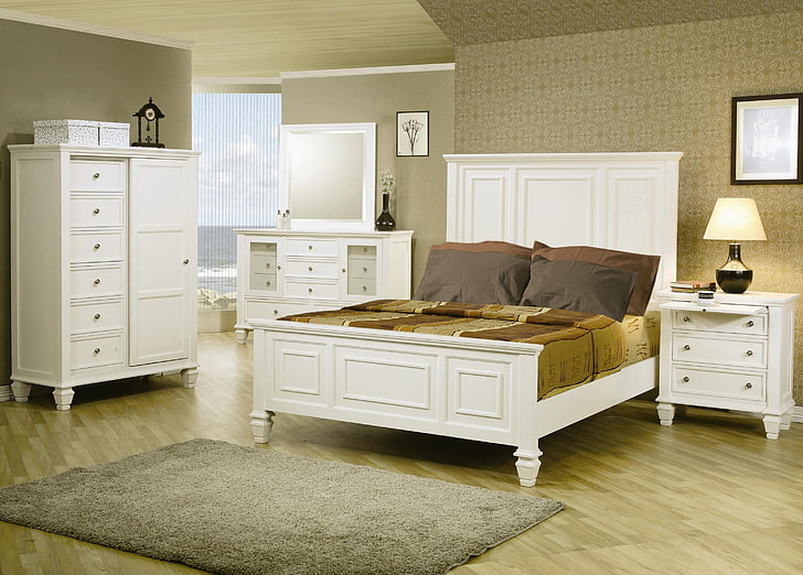 bingkai tempat tidur kayu putih;meja kayu 3 laci;lemari tinggi;karpet abu-abu, desain, rumah, gaya, Villa, interior, pondok, kamar tidur, ruang tamu, Wallpaper HD