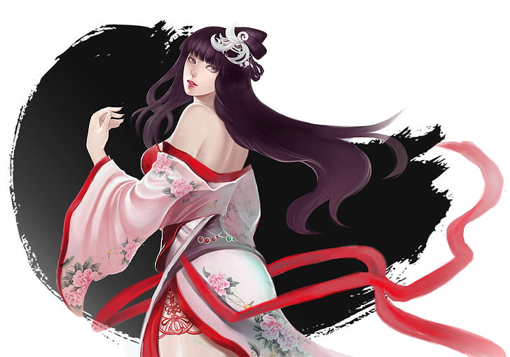 woman in white and red kimono dress illustration, girl, japan, kimono, tapes, back, HD wallpaper