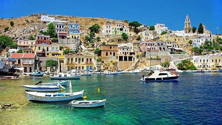 бяла басова лодка, лодка, море, Гърция, HD тапет