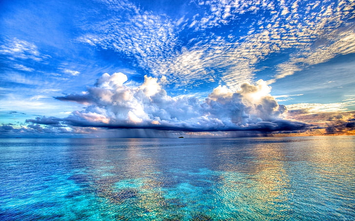 เมฆขาว, ชายหาด, ภูมิประเทศ, ทะเล, ฝน, ธรรมชาติ, การถ่ายภาพ, น้ำ, เมฆ, ร้อน, ท้องฟ้า, มีสีสัน, สีฟ้า, สีน้ำเงิน, ขอบฟ้า, วอลล์เปเปอร์ HD
