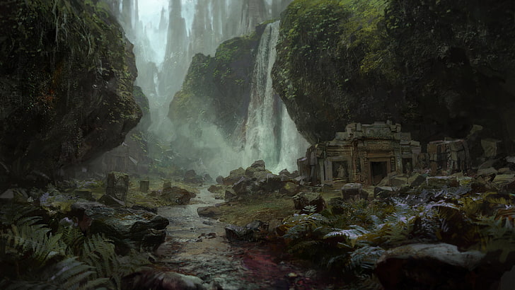 Kong: filme ainda na Ilha da Caveira, Path of Exile, arte digital, videogame, ruínas, cachoeira, HD papel de parede