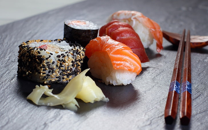 sushi dish, sushi, allsorts, sticks, table, HD wallpaper