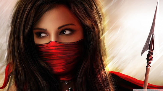 donna con illustrazione maschera bocca rossa, donne, freccia, opere d'arte, maschera, ragazza di fantasia, Sfondo HD HD wallpaper