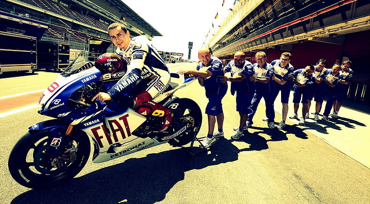 Jorge Lorenzo, weißes und blaues Yamaha-Sportfahrrad, Motorradrennen, Superbike-Rennen, HD-Hintergrundbild