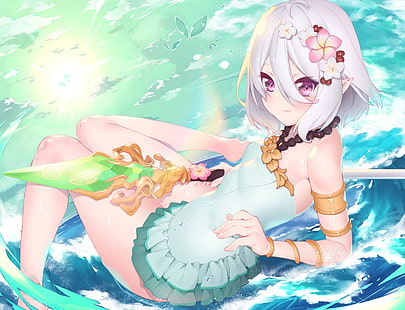 Kokkoro (Princess Connect), бяла коса, вода, мокра, руж, лилави очи, оръжие, къса коса, облаци, цветя, заострени уши, огърлица, небе, HD тапет HD wallpaper