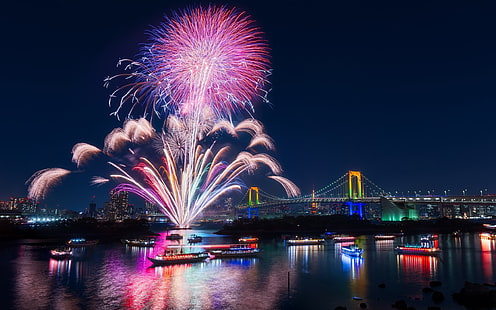 fireworks, city, river, boat, fireworks, bridge, ship, Tokyo, Japan, HD wallpaper HD wallpaper