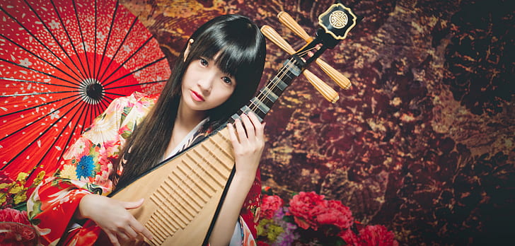 look, girl, umbrella, Asian, musical instrument, lute, Pipa, HD wallpaper