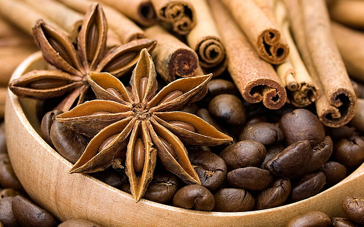 coffee bean lot, coffee, grain, cinnamon, spices, star anise, Anis, HD wallpaper