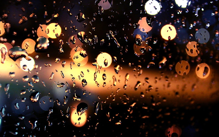 orange and brown bokeh photography, glass, drops, night, lights, rain, bokeh, HD wallpaper