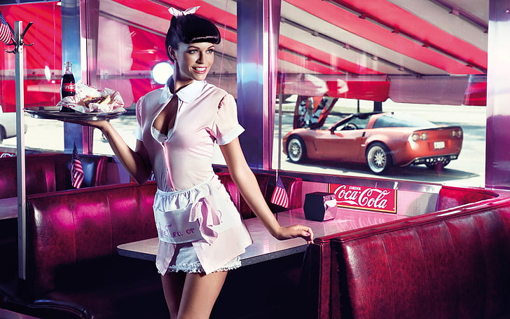 mini vestido de mangas rosa com capuz feminino, máquina, menina, bandeira, janela, café, a garçonete, Coca-Cola, HD papel de parede
