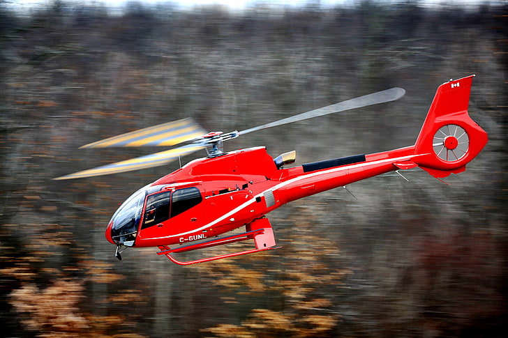 red and yellow helicopter, helicopter, eurocopter, ec 130, single-engine, airbus helicopters, flying, blur, HD wallpaper