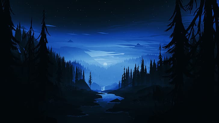 forest, night, trees, creeks, HD wallpaper