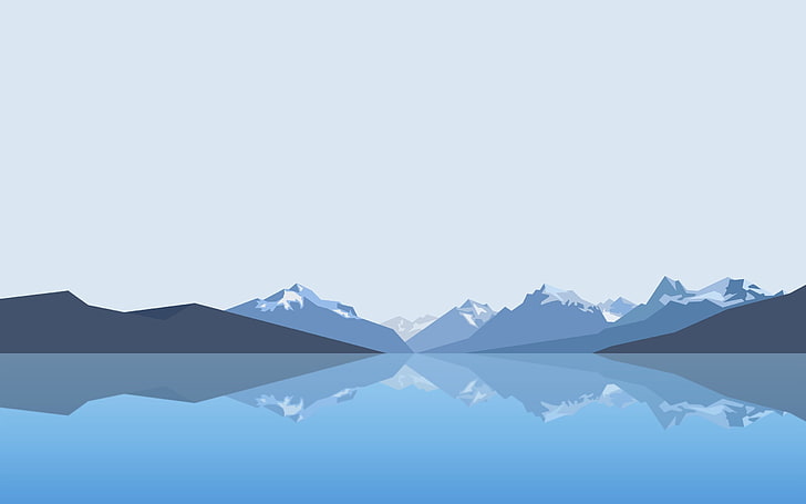 синие и серые горные обои, минимализм, пейзаж, горы, озеро, чистое небо, отражение, низкополигональная, HD обои
