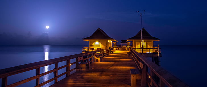 gazebo during night time, naples, naples, Naples, Pier, gazebo, night time, ocean, gulf, water, landscape, landscapes, darkness, low-light, architecture, moon, sky, skies, sunrise, sun, color, blue  night, night-time, daybreak, dawn, panorama, sea, night, sunset, vacations, nature, beach, outdoors, summer, dusk, wood - Material, HD wallpaper