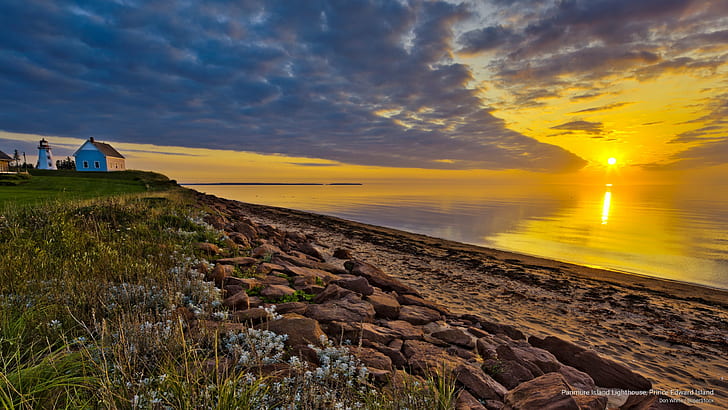 Farol da ilha de Panmure, ilha do Príncipe Edward, nascer do sol / pôr do sol, HD papel de parede