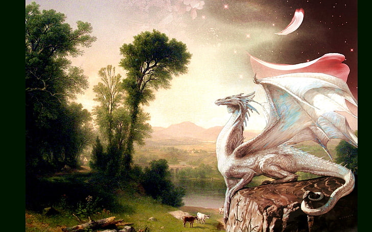 pintura de pájaro blanco y negro, dragón, arte de fantasía, Fondo de pantalla HD