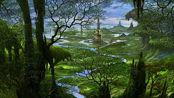 Fantasy Lscape 2, lukisan hutan hijau, pemandangan, rumput, pohon, hijau, tanaman hijau, fantasi, cabang, sungai, dunia, 3d dan abstrak, Wallpaper HD
