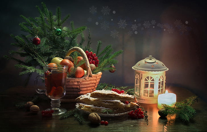winter, happiness, tea, tree, new year, Christmas, candle, still life, tangerines, January, lemon pie, HD wallpaper
