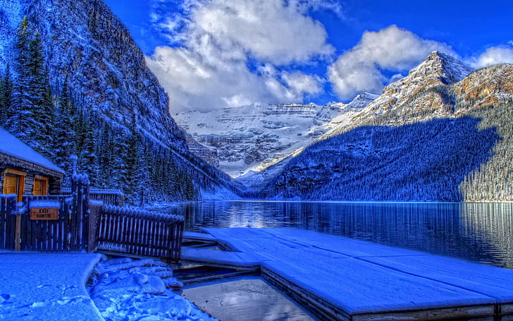 Winter, Banff-Nationalpark, Alberta, Kanada, See, Schnee, Haus, weißer und brauner Berg zusammen mit dem Gewässer, Winter, Banff, Nationalpark, Alberta, Kanada, See, Schnee, Haus, HD-Hintergrundbild