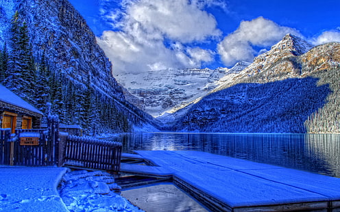 Hiver, Banff National Park, Alberta, Canada, lac, neige, maison, montagne blanche et brune avec le plan d'eau, Hiver, Banff, National, Park, Alberta, Canada, lac, neige, maison, Fond d'écran HD HD wallpaper