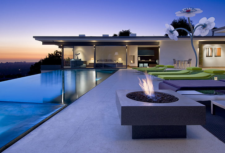 square black concrete fire pit, fire, bed, interior, pool, bedroom, sunbeds, exterior, HD wallpaper