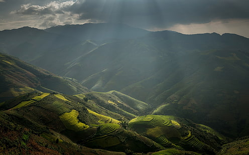 przyroda, krajobraz, ryż ryżowy, promienie słoneczne, góry, tarasy, pole, chmury, mgła, dolina, Wietnam, Tapety HD HD wallpaper