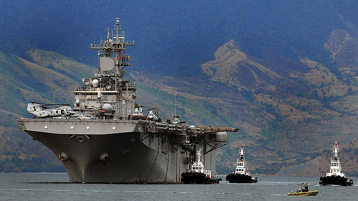 three white boats, warship, aircraft carrier, ship, military, HD wallpaper