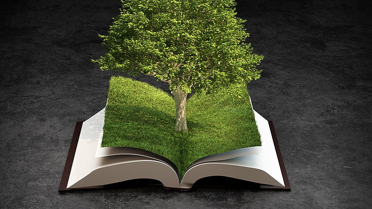 TREE, GRASS, GREENS, GREEN, BOOK, PAGE, LEAVES, HD wallpaper