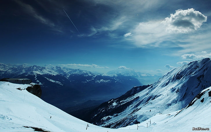 заснеженные горы, природа, снег, горы, пейзаж, синий, HD обои