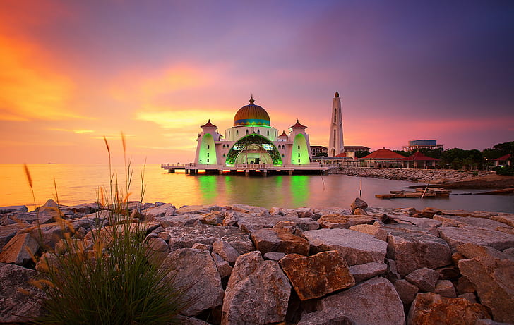 architettura, malesia, Masjid Selat Melaka, Sfondo HD