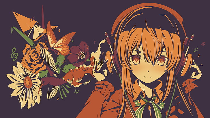 female anime character illustration, anime, headphones, flowers, original characters, HD wallpaper