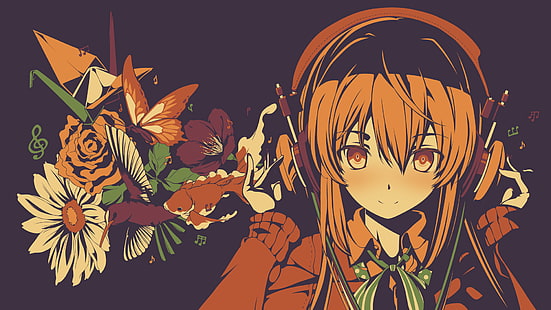 ilustrasi karakter anime wanita, anime, headphone, bunga, karakter asli, Wallpaper HD HD wallpaper