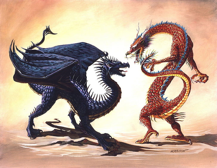 иллюстрация восточного и западного дракона, дракон, CG, HD обои