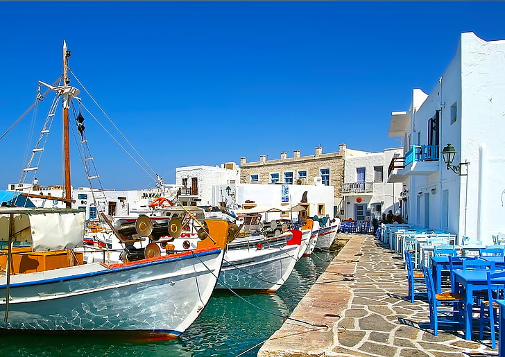 бели лодки, море, небе, облаци, пейзаж, природа, дом, лодки, Гърция, HD тапет