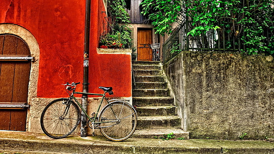 bicicleta, bicicleta, pared, calle, casa, ciudad, Fondo de pantalla HD HD wallpaper
