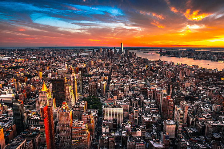Luftbild von Hochhäusern, Stadt, Wolken, Himmel, Sonnenuntergang, New York, Straße, Skyline, Architektur, Häuser, HD-Hintergrundbild