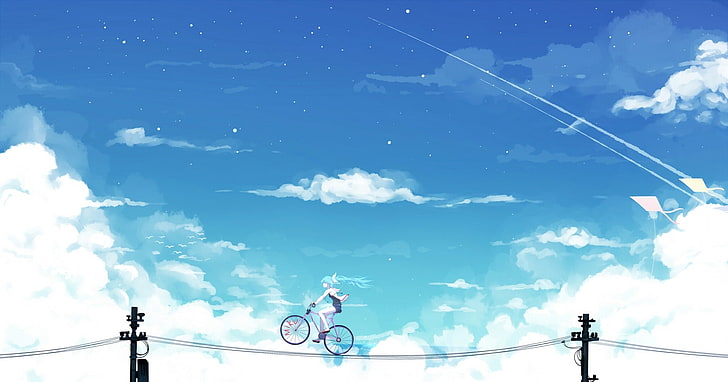 the sky, girl, clouds, bike, wire, anime, art, vocaloid, hatsune miku, bai yemeng, HD wallpaper