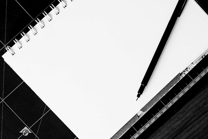 black and white, blank, notebook, notepad, paper, pen, writing, HD wallpaper