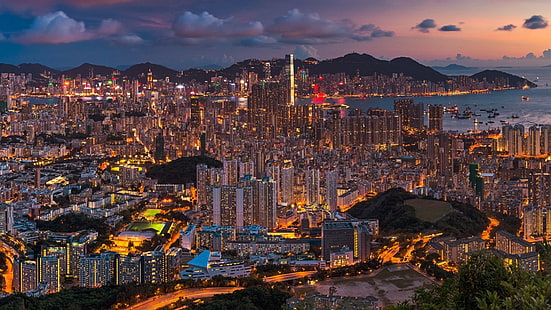 Bela cidade à noite, Hong Kong, China, edifícios, luzes, Linda, Cidade, Noite, China, edifícios, luzes, Hong Kong, HD papel de parede HD wallpaper