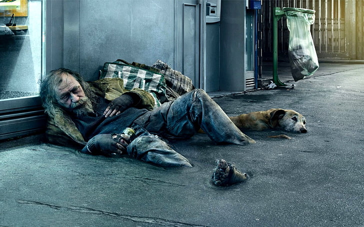 Herren-Kapuzenpullover mit braunem Fell, Straße, Menschen, Hund, Obdachlose, Bettler, HD-Hintergrundbild