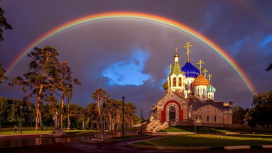 kyrka, st igor av chernigov, regnbåge, peredelkino, molnigt, kväll, ortodoxa, ryssland, Moskva, HD tapet HD wallpaper