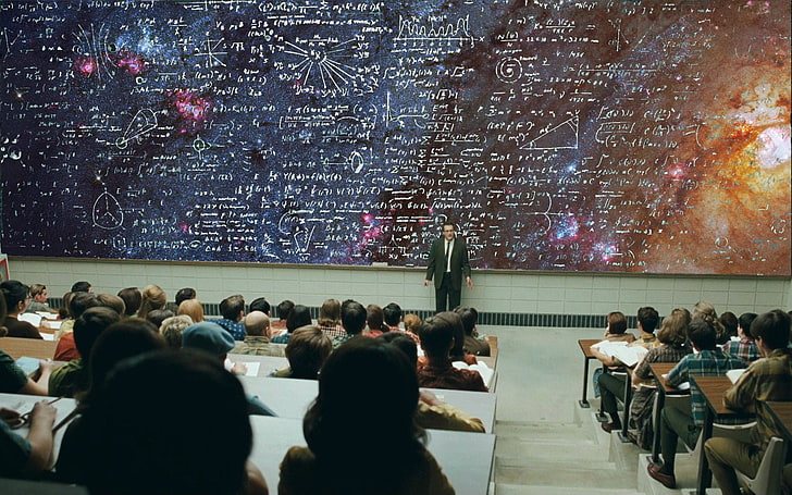 black chalkboard, man standing in front students, blackboard, space, university, universe, science, mathematics, A Serious Man, chalkboard, nebula, physics, students, HD wallpaper
