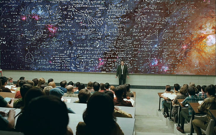 university, students, science, blackboard, physics, nebula, mathematics, universe, chalkboard, A Serious Man, space, HD wallpaper