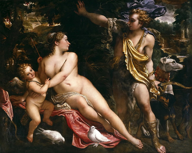 man infront of woman beside child painting, picture, Venus, religion, genre, mythology, Annibale Carracci, Adonis and Cupid, HD wallpaper
