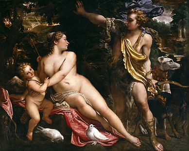 pria infront wanita di samping lukisan anak, gambar, Venus, agama, genre, mitologi, Annibale Carracci, Adonis dan Cupid, Wallpaper HD HD wallpaper