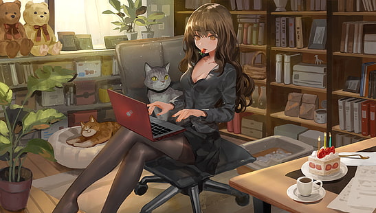 Anime, oryginał, kot, dziewczyna, pokój, Tapety HD HD wallpaper